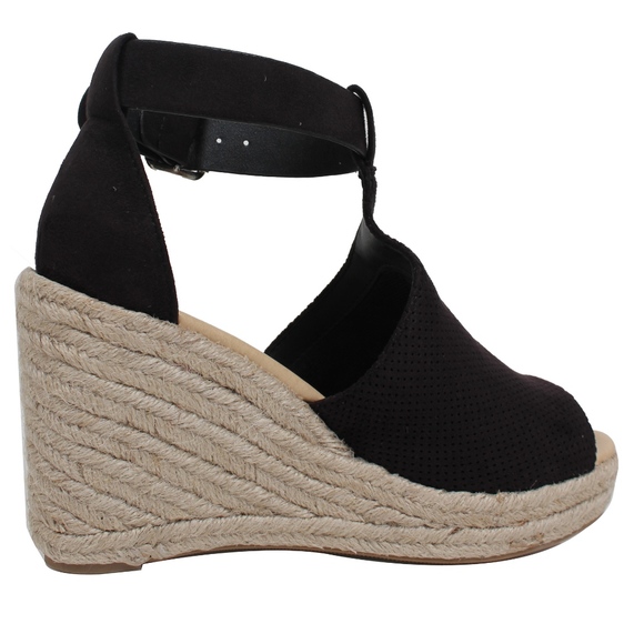 Black Perforated Ankle Strap Espadrille Wedge - Picture 3 of 5
